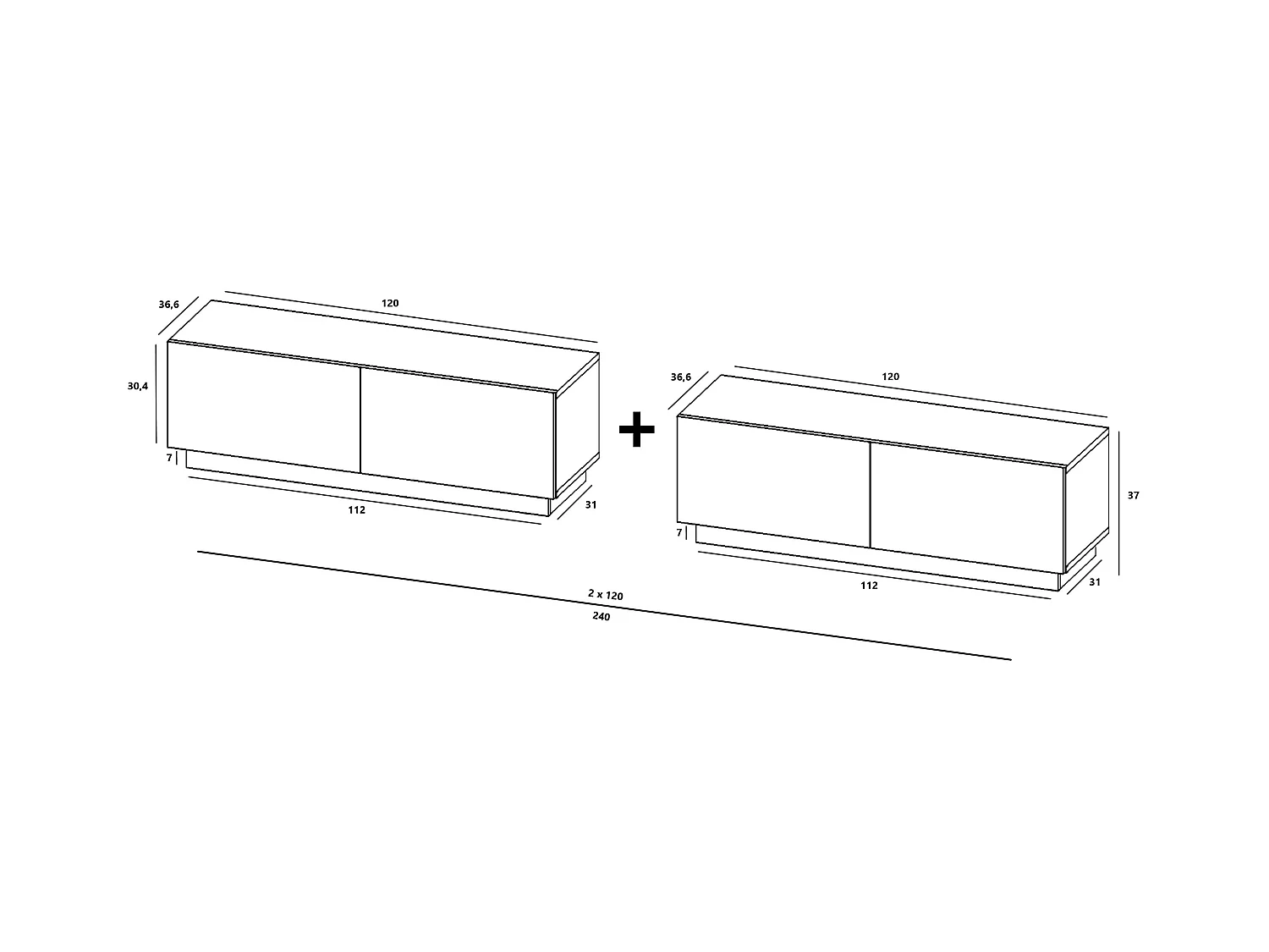 Meuble TV avec 4 portes - corps Cachemire mat, façades Cachemire mat - 240 cm, sur socle