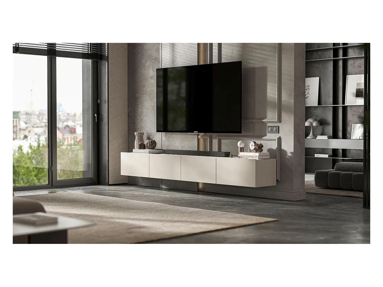 Meuble TV avec 4 portes - corps Cachemire mat, façades Cachemire mat - 240 cm, sur socle