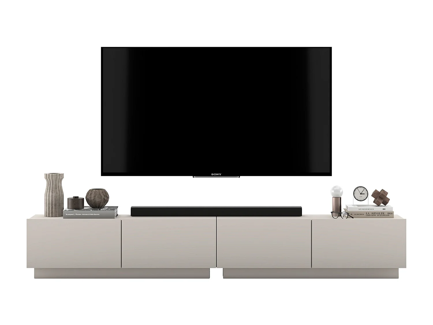 Meuble TV avec 4 portes - corps Cachemire mat, façades Cachemire mat - 240 cm, sur socle