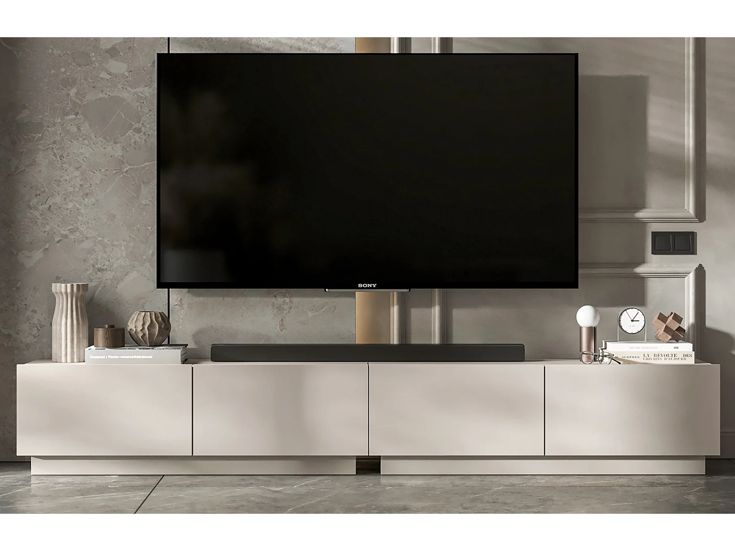 Meuble TV avec 4 portes - corps Cachemire mat, façades Cachemire mat - 240 cm, sur socle