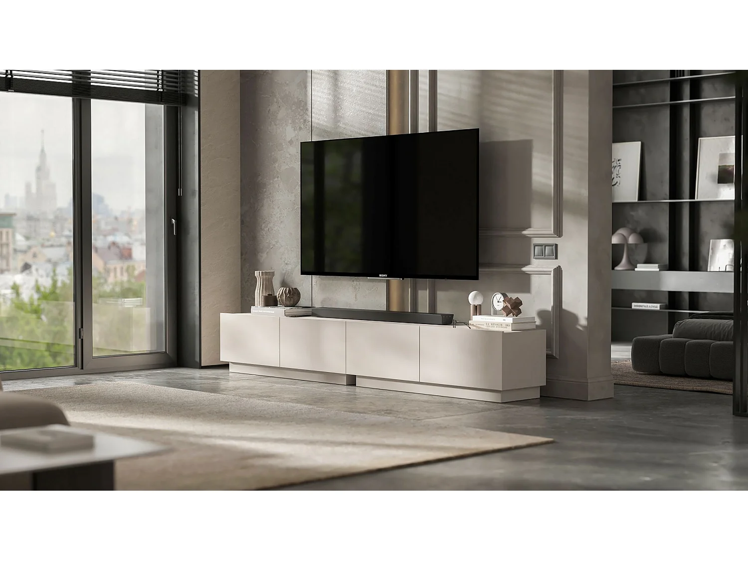 Meuble TV avec 4 portes - corps Cachemire mat, façades Cachemire mat - 240 cm, sur socle