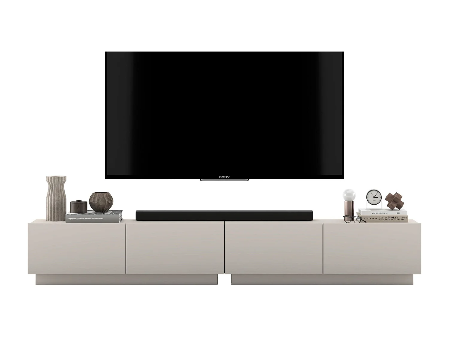 Szafka RTV z 4 drzwiami - korpus kaszmir mat, fronty kaszmir mat - 240 cm, na cokole