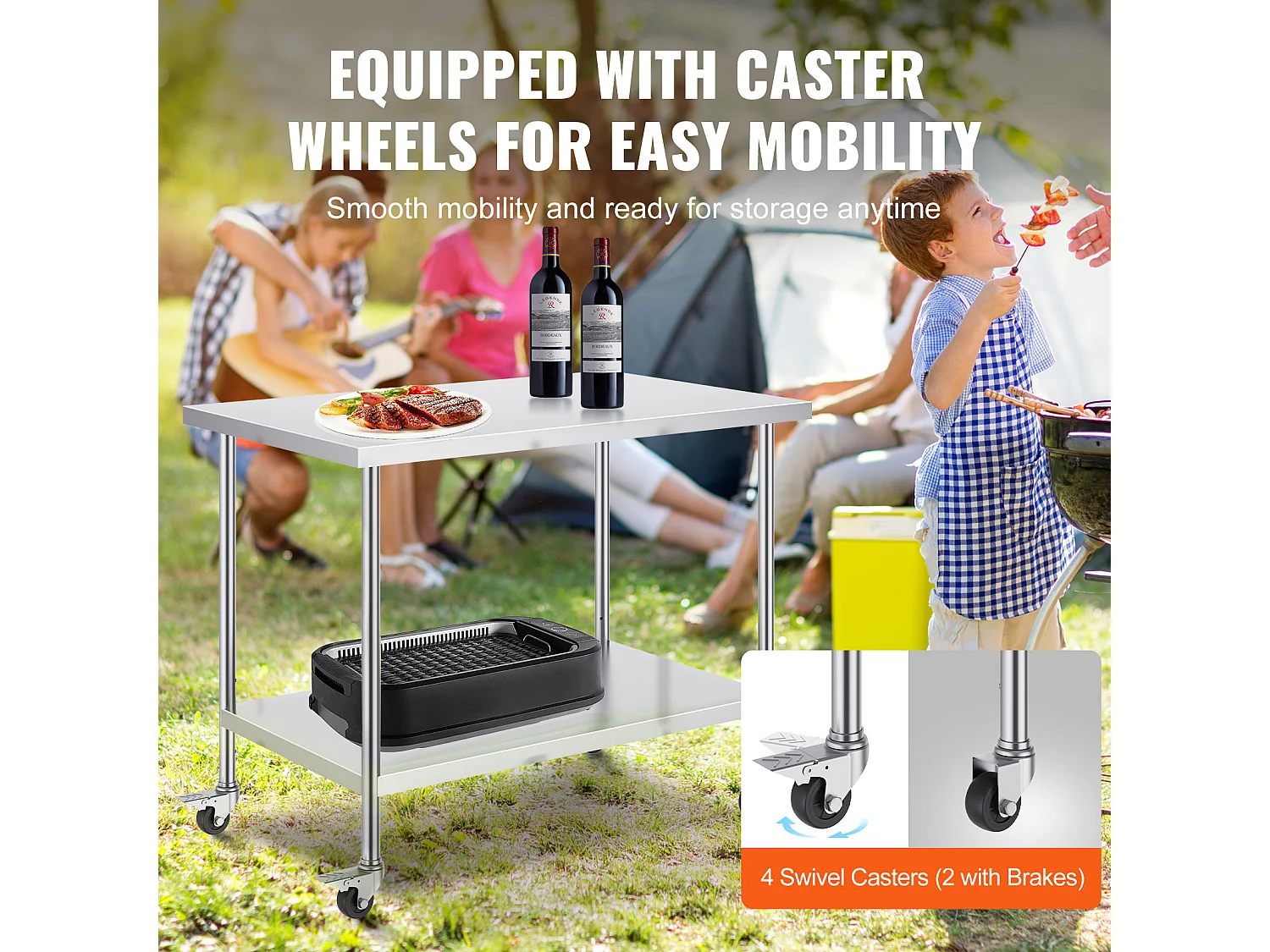 Table de Travail SucceBuy Table de Travail en Acier Inoxydable 76.2 x 121.92 cm Table de Préparation Commerciale avec 4 Roulettes