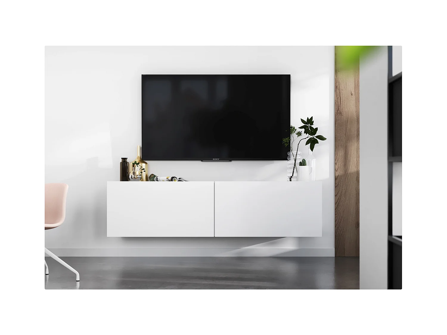 Meuble TV suspendu avec 2 portes - corps Blanc mat, façades Blanc mat - 120 cm