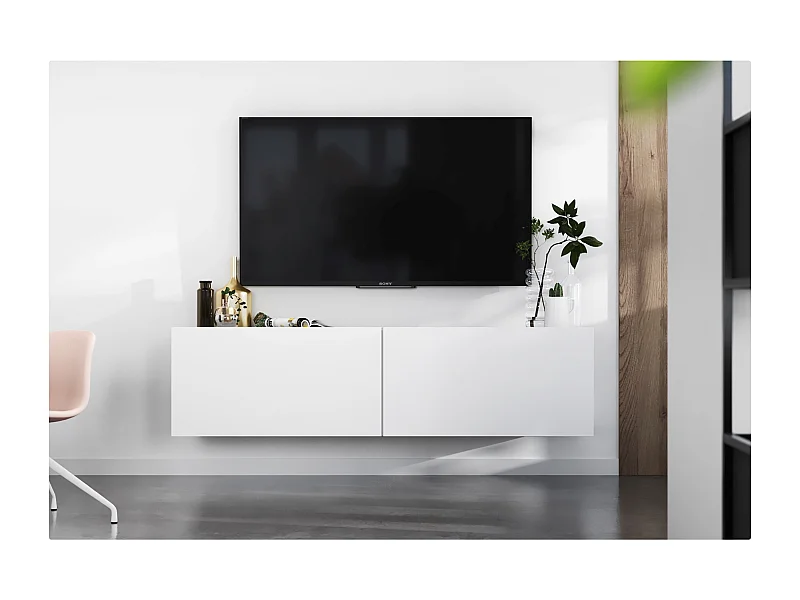 Meuble TV suspendu avec 2 portes - corps Blanc mat, façades Blanc mat - 120 cm