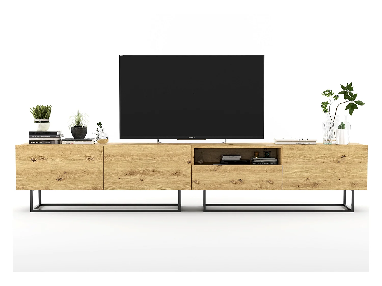 Meuble TV avec 3 portes et niche, tiroir - corps Chêne artisanal mat, façades Chêne artisanal mat - 240 cm, Cadre en métal noir