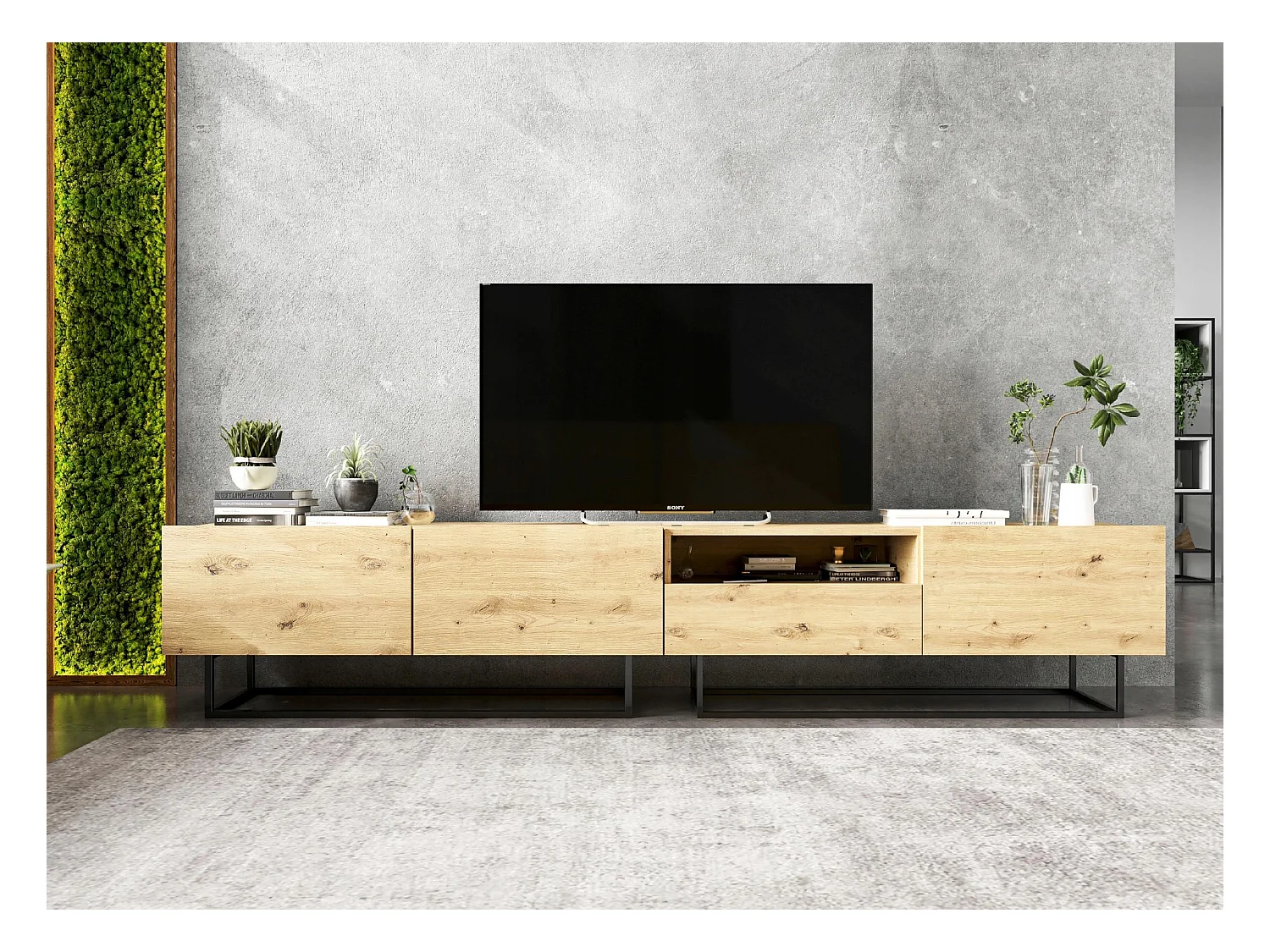 Meuble TV avec 3 portes et niche, tiroir - corps Chêne artisanal mat, façades Chêne artisanal mat - 240 cm, Cadre en métal noir