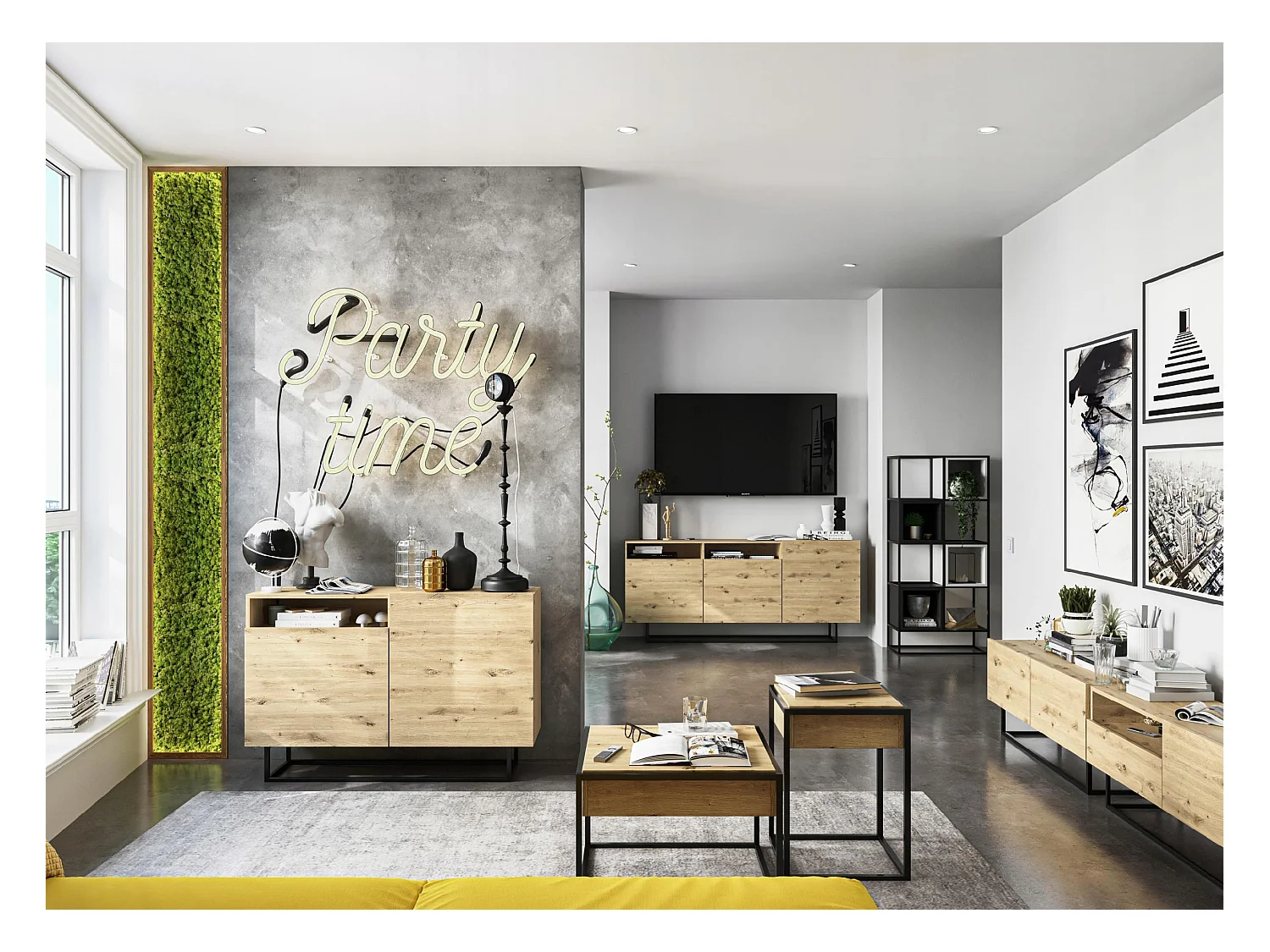 Meuble TV avec 3 portes et niche, tiroir - corps Chêne artisanal mat, façades Chêne artisanal mat - 240 cm, Cadre en métal noir