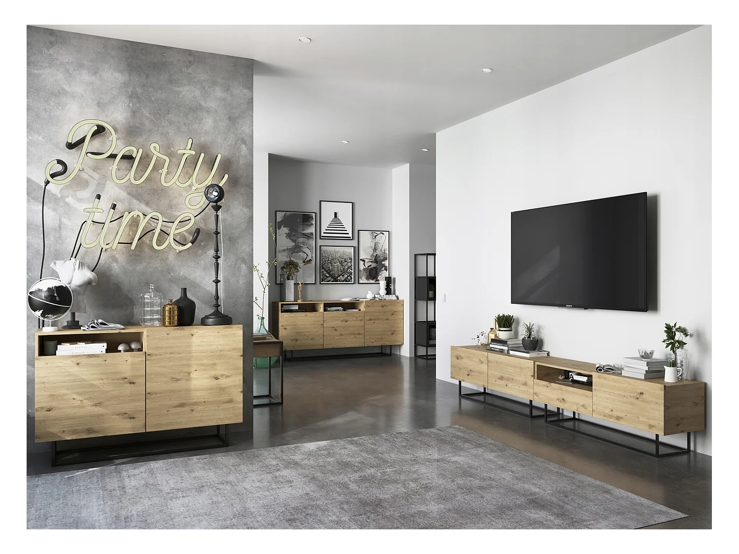 Meuble TV avec 3 portes et niche, tiroir - corps Chêne artisanal mat, façades Chêne artisanal mat - 240 cm, Cadre en métal noir