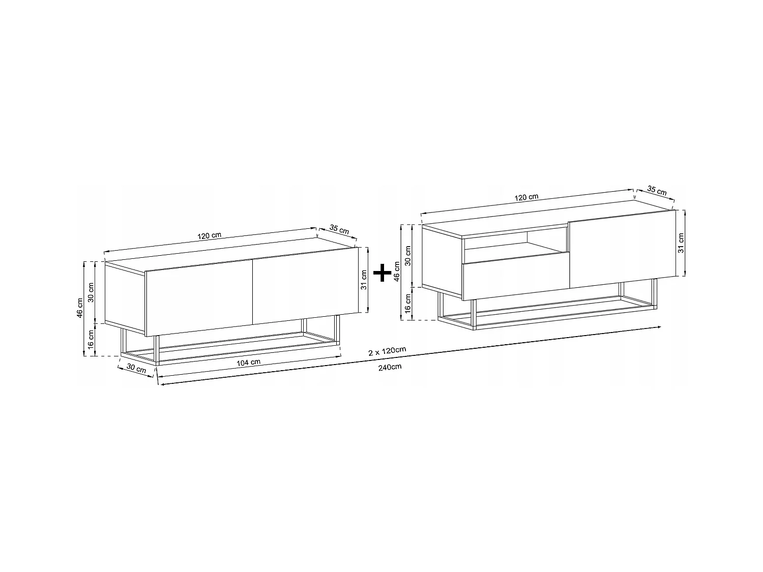 Meuble TV avec 3 portes et niche, tiroir - corps Chêne artisanal mat, façades Chêne artisanal mat - 240 cm, Cadre en métal noir