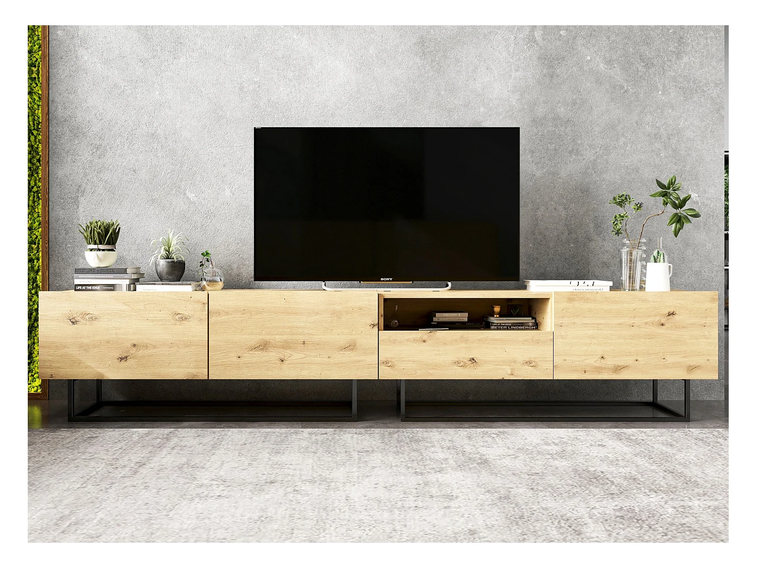 Meuble TV avec 3 portes et niche, tiroir - corps Chêne artisanal mat, façades Chêne artisanal mat - 240 cm, Cadre en métal noir