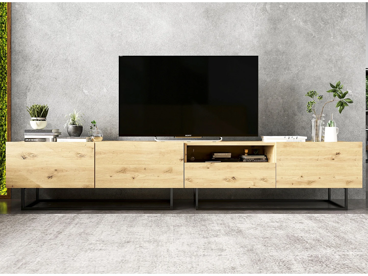 TV-meubel met 3 deuren en nis, lade - romp artisan eiken mat, fronten artisan eiken mat - 240 cm, zwart metalen frame