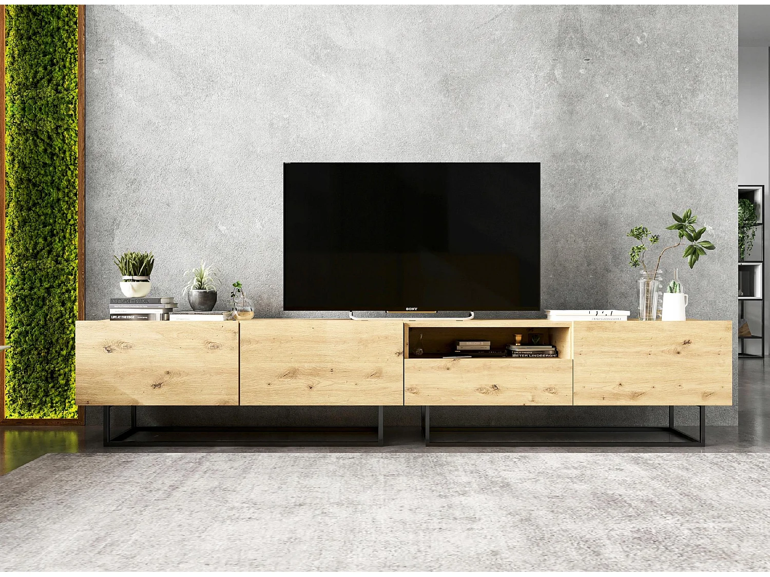 TV-meubel met 3 deuren en nis, lade - romp artisan eiken mat, fronten artisan eiken mat - 240 cm, zwart metalen frame