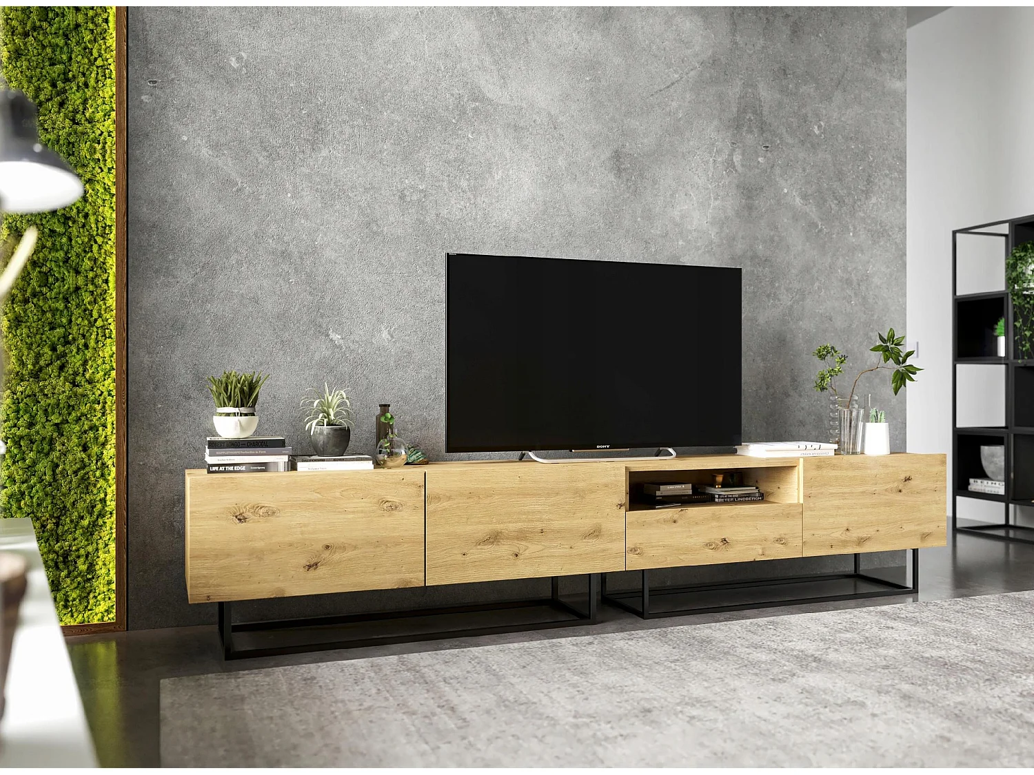 TV-meubel met 3 deuren en nis, lade - romp artisan eiken mat, fronten artisan eiken mat - 240 cm, zwart metalen frame