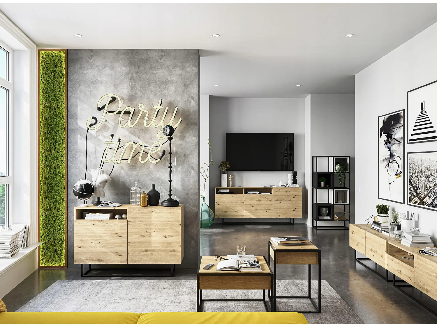 TV-meubel met 3 deuren en nis, lade - romp artisan eiken mat, fronten artisan eiken mat - 240 cm, zwart metalen frame