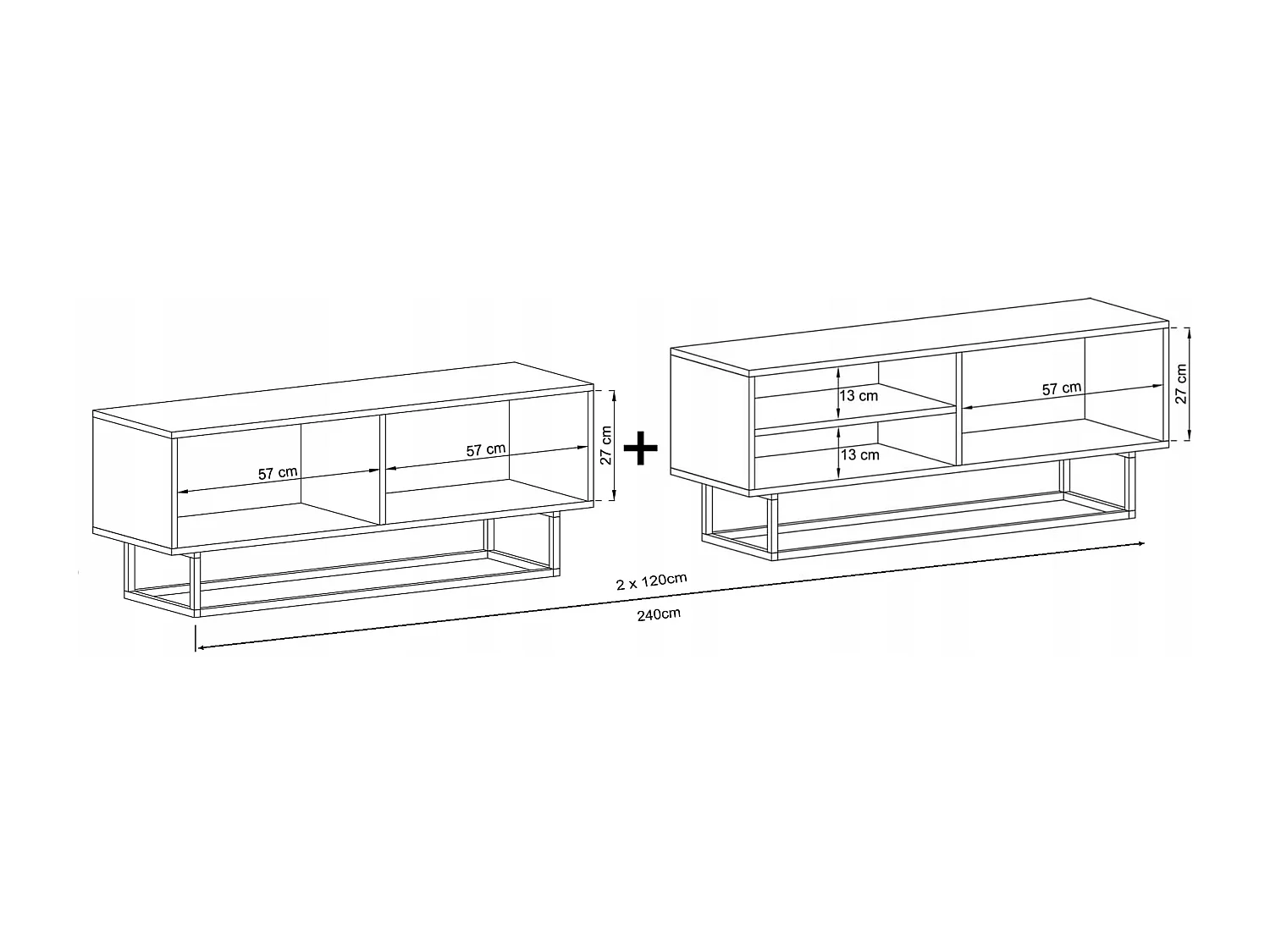 TV-meubel met 3 deuren en nis, lade - romp artisan eiken mat, fronten artisan eiken mat - 240 cm, zwart metalen frame