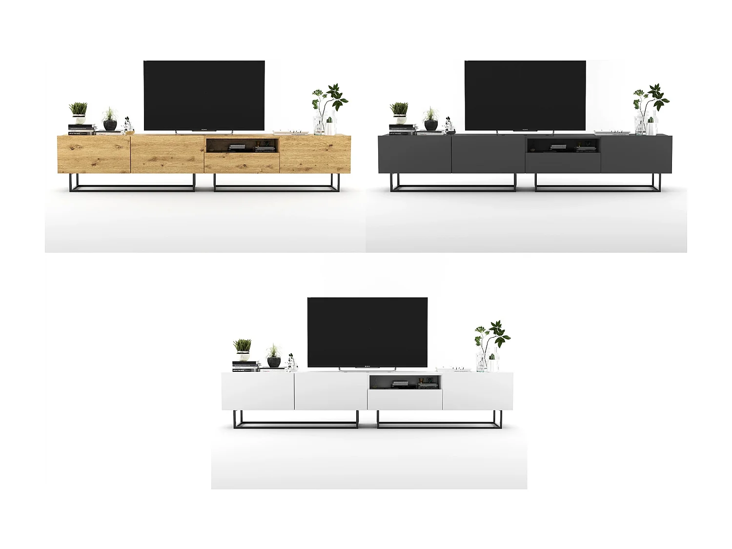 TV-meubel met 3 deuren en nis, lade - romp artisan eiken mat, fronten artisan eiken mat - 240 cm, zwart metalen frame