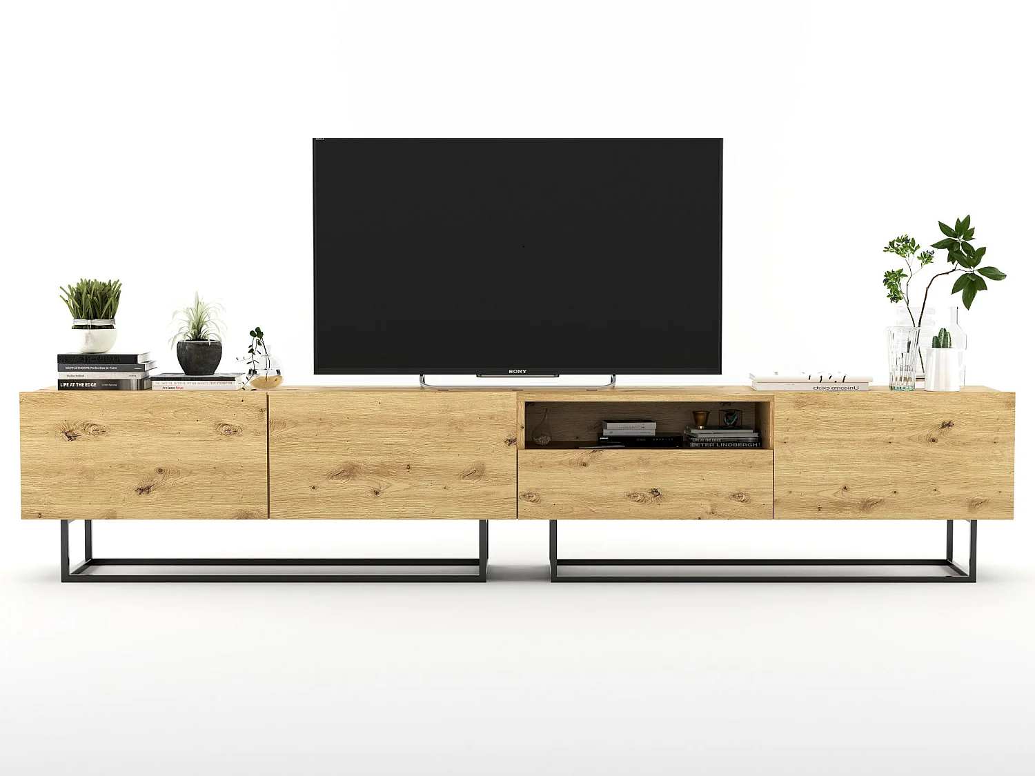TV-meubel met 3 deuren en nis, lade - romp artisan eiken mat, fronten artisan eiken mat - 240 cm, zwart metalen frame