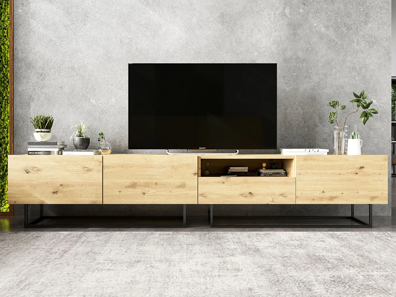 TV-meubel met 3 deuren en nis, lade - romp artisan eiken mat, fronten artisan eiken mat - 240 cm, zwart metalen frame
