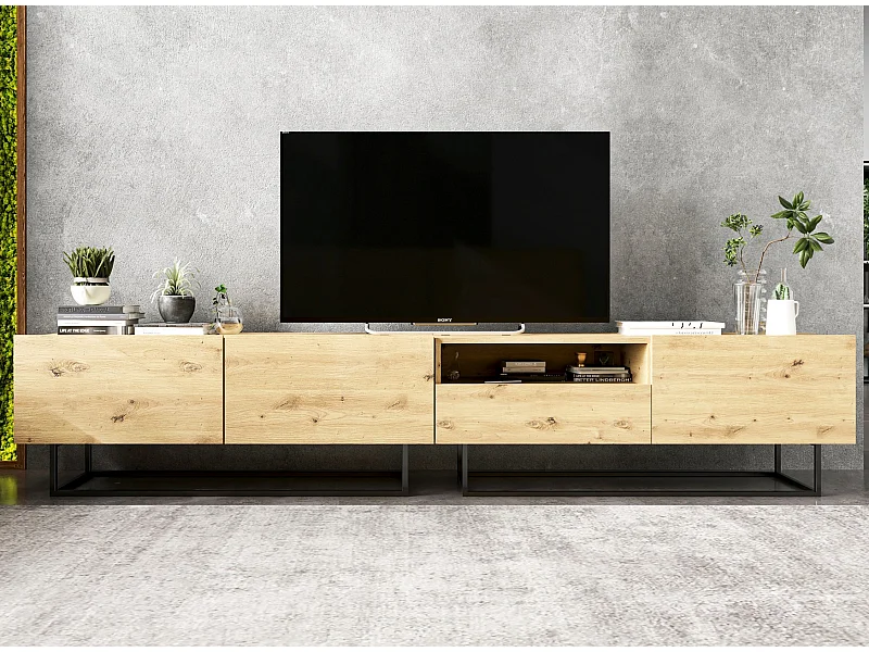 Meuble TV avec 3 portes et niche, tiroir - corps Chêne artisanal mat, façades Chêne artisanal mat - 240 cm, Cadre en métal noir