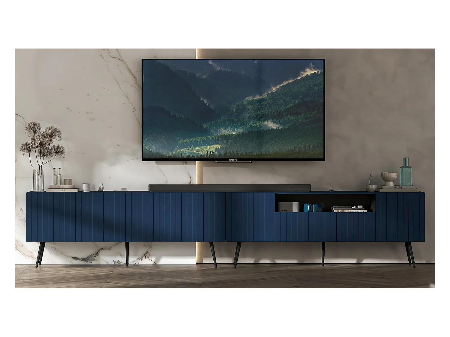 Meuble TV avec 7 portes et niche - Corps bleu marine mat, façades rainurées bleu marine mat - 300 cm, pieds noirs