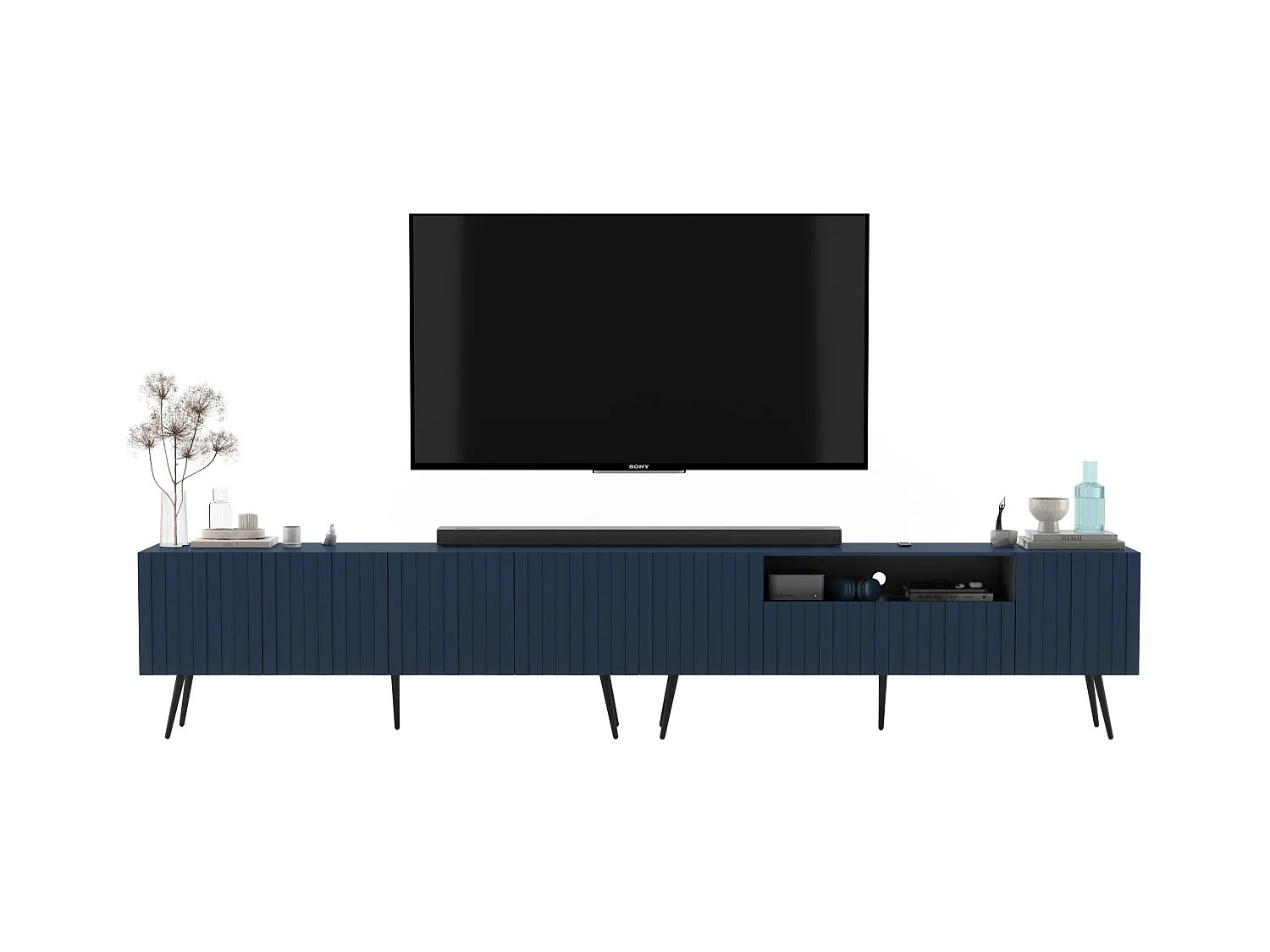 Meuble TV avec 7 portes et niche - Corps bleu marine mat, façades rainurées bleu marine mat - 300 cm, pieds noirs