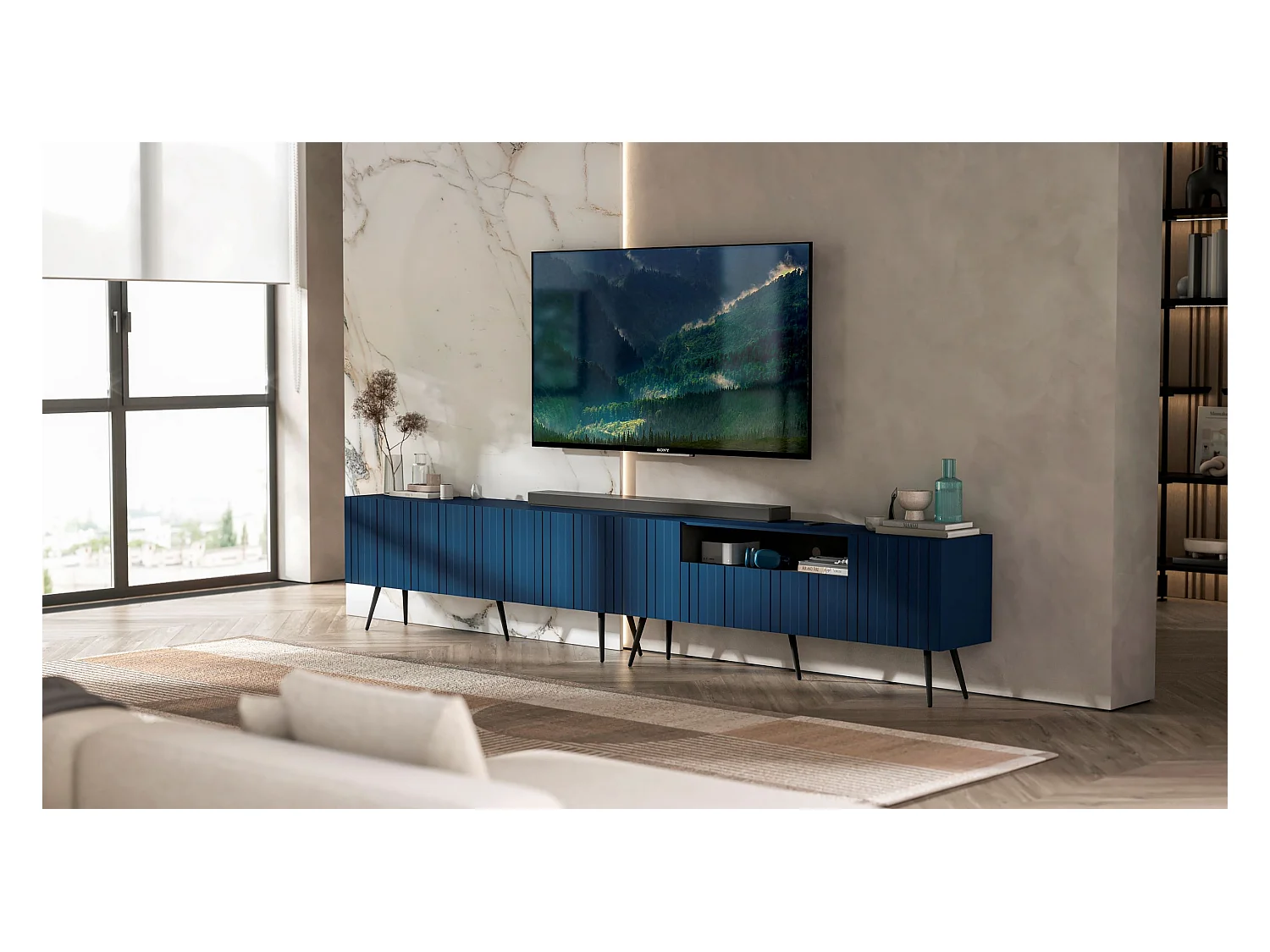 Meuble TV avec 7 portes et niche - Corps bleu marine mat, façades rainurées bleu marine mat - 300 cm, pieds noirs