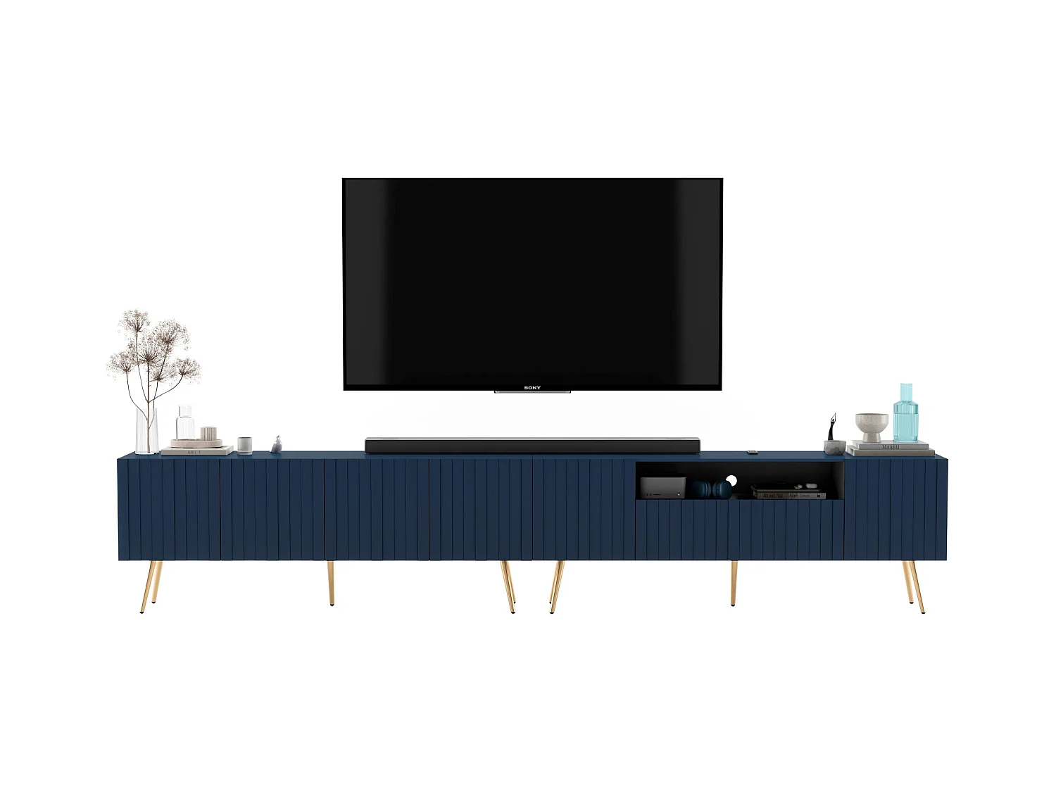 Meuble TV avec 7 portes et niche - Corps bleu marine mat, façades rainurées bleu marine mat - 300 cm, pieds noirs