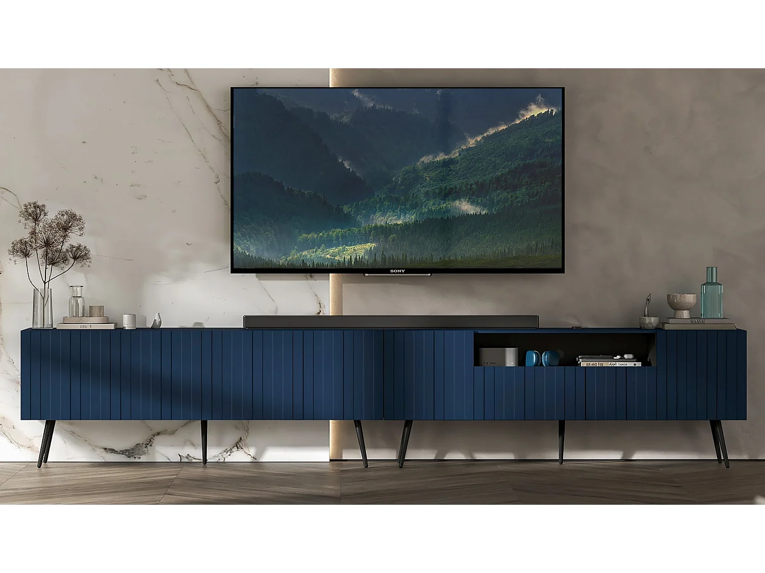 Meuble TV avec 7 portes et niche - Corps bleu marine mat, façades rainurées bleu marine mat - 300 cm, pieds noirs