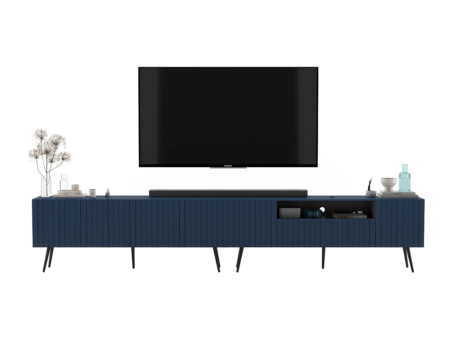 Meuble TV avec 7 portes et niche - Corps bleu marine mat, façades rainurées bleu marine mat - 300 cm, pieds noirs