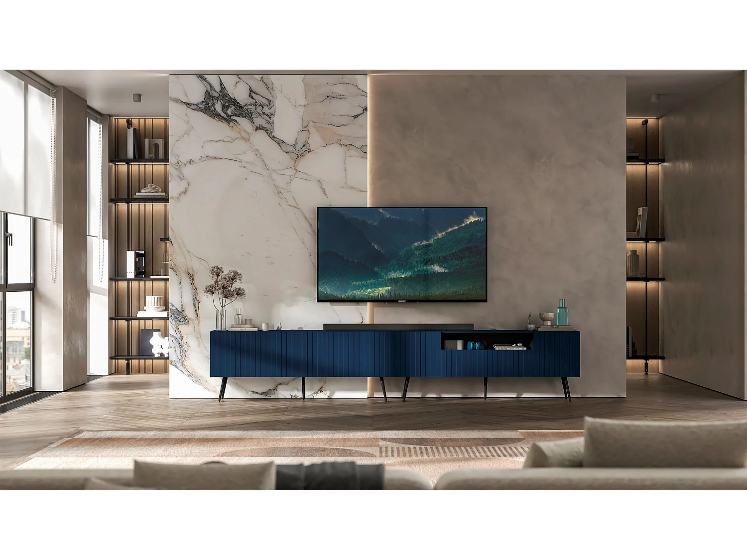 Meuble TV avec 7 portes et niche - Corps bleu marine mat, façades rainurées bleu marine mat - 300 cm, pieds noirs