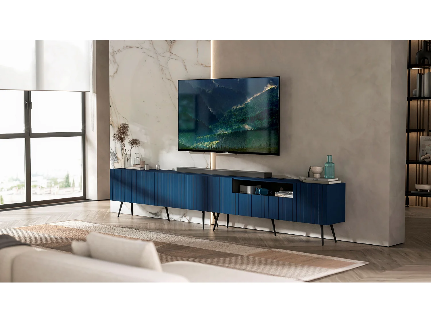 Meuble TV avec 7 portes et niche - Corps bleu marine mat, façades rainurées bleu marine mat - 300 cm, pieds noirs