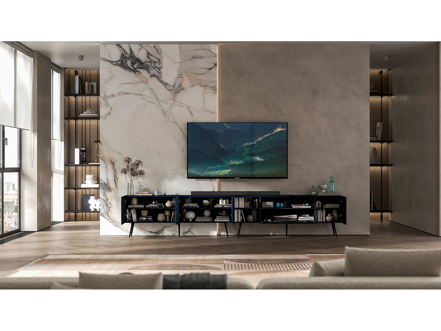 Meuble TV avec 7 portes et niche - Corps bleu marine mat, façades rainurées bleu marine mat - 300 cm, pieds noirs