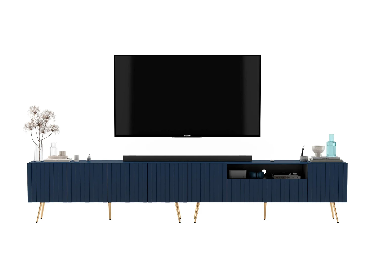 Meuble TV avec 7 portes et niche - Corps bleu marine mat, façades rainurées bleu marine mat - 300 cm, pieds noirs
