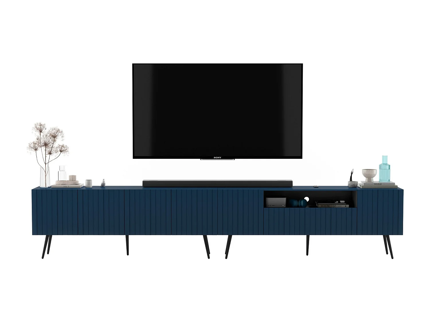 Mobile TV con 7 ante e vano a giorno – Struttura blu navy opaco, frontali scanalati blu navy opaco – 300 cm, piedini neri