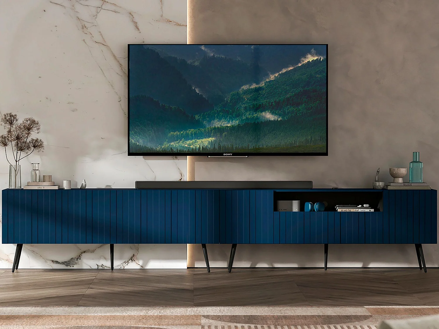 Mobile TV con 7 ante e vano a giorno – Struttura blu navy opaco, frontali scanalati blu navy opaco – 300 cm, piedini neri