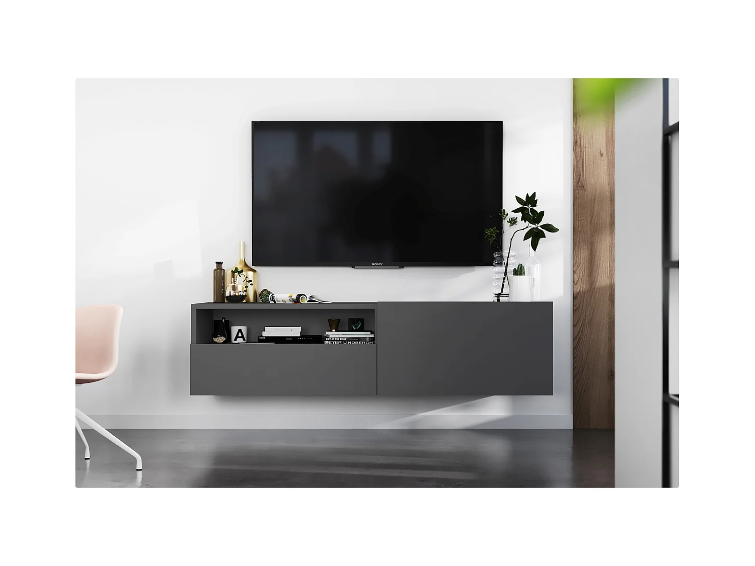 Meuble TV suspendu avec 1 portes et niche, tiroir - corps Graphite mat, façades Graphite mat - 120 cm