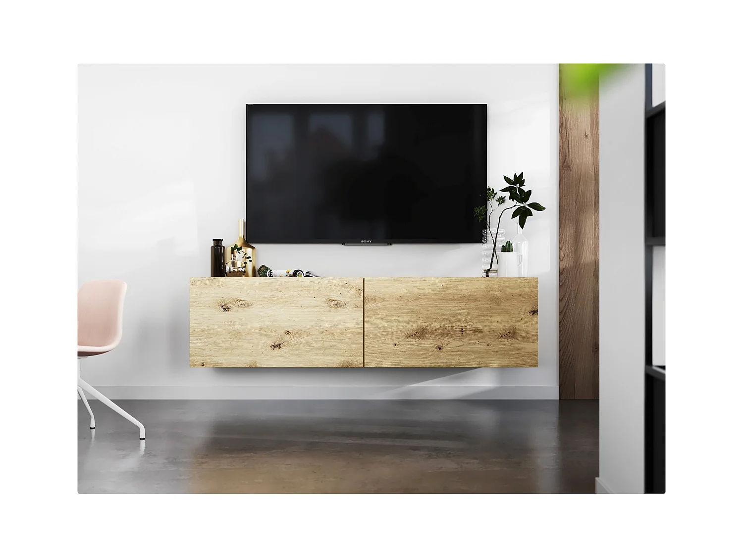 Meuble TV suspendu avec 2 portes - corps Chêne artisanal mat, façades Chêne artisanal mat - 120 cm