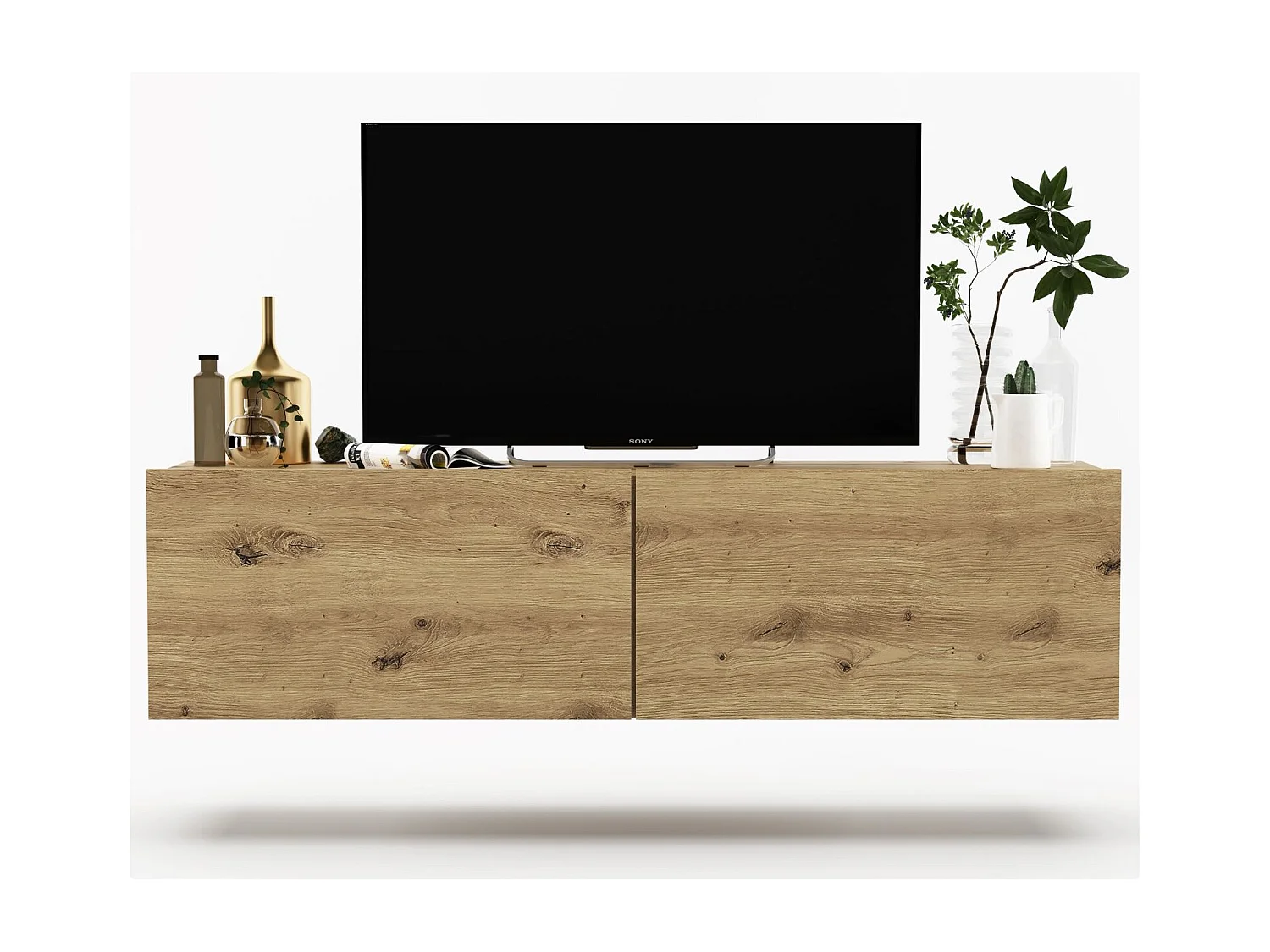 Meuble TV suspendu avec 2 portes - corps Chêne artisanal mat, façades Chêne artisanal mat - 120 cm