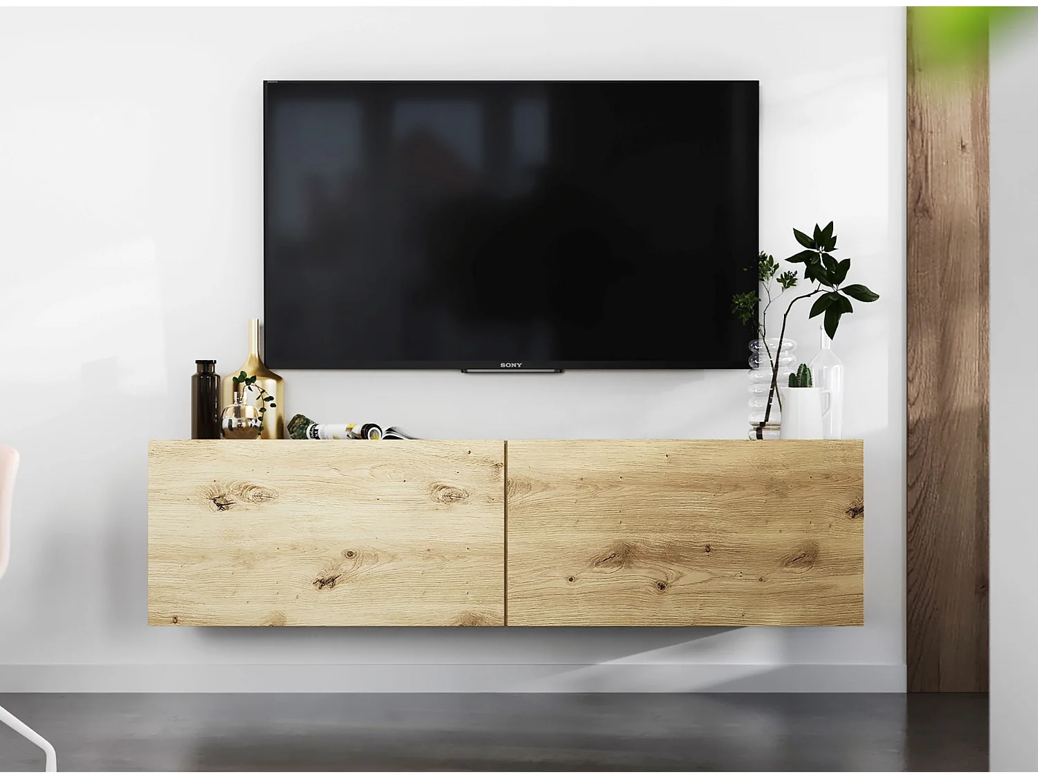 Meuble TV suspendu avec 2 portes - corps Chêne artisanal mat, façades Chêne artisanal mat - 120 cm