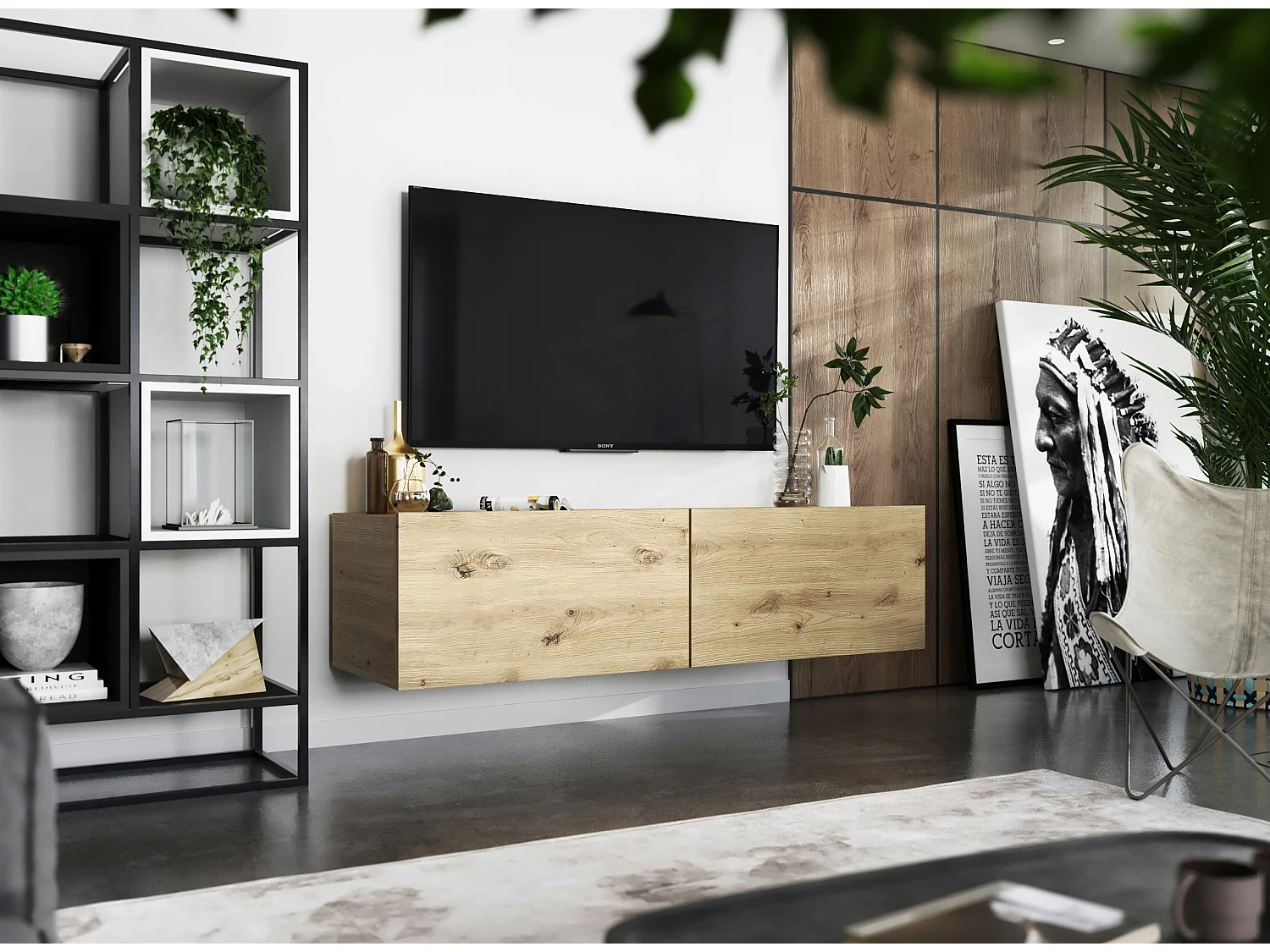 Meuble TV suspendu avec 2 portes - corps Chêne artisanal mat, façades Chêne artisanal mat - 120 cm