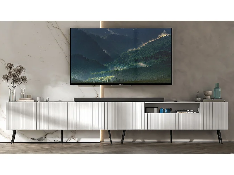 Meuble TV avec 7 portes et niche - Corps blanc mat, façades rainurées blanc mat - 300 cm, pieds noirs