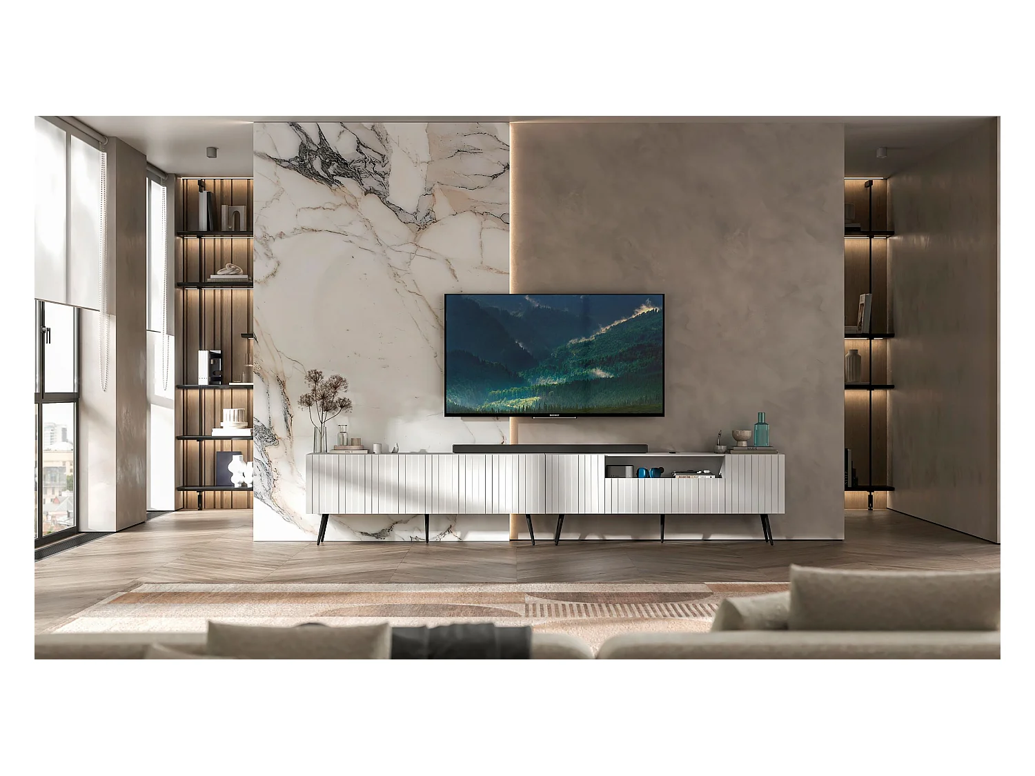 Meuble TV avec 7 portes et niche - Corps blanc mat, façades rainurées blanc mat - 300 cm, pieds noirs