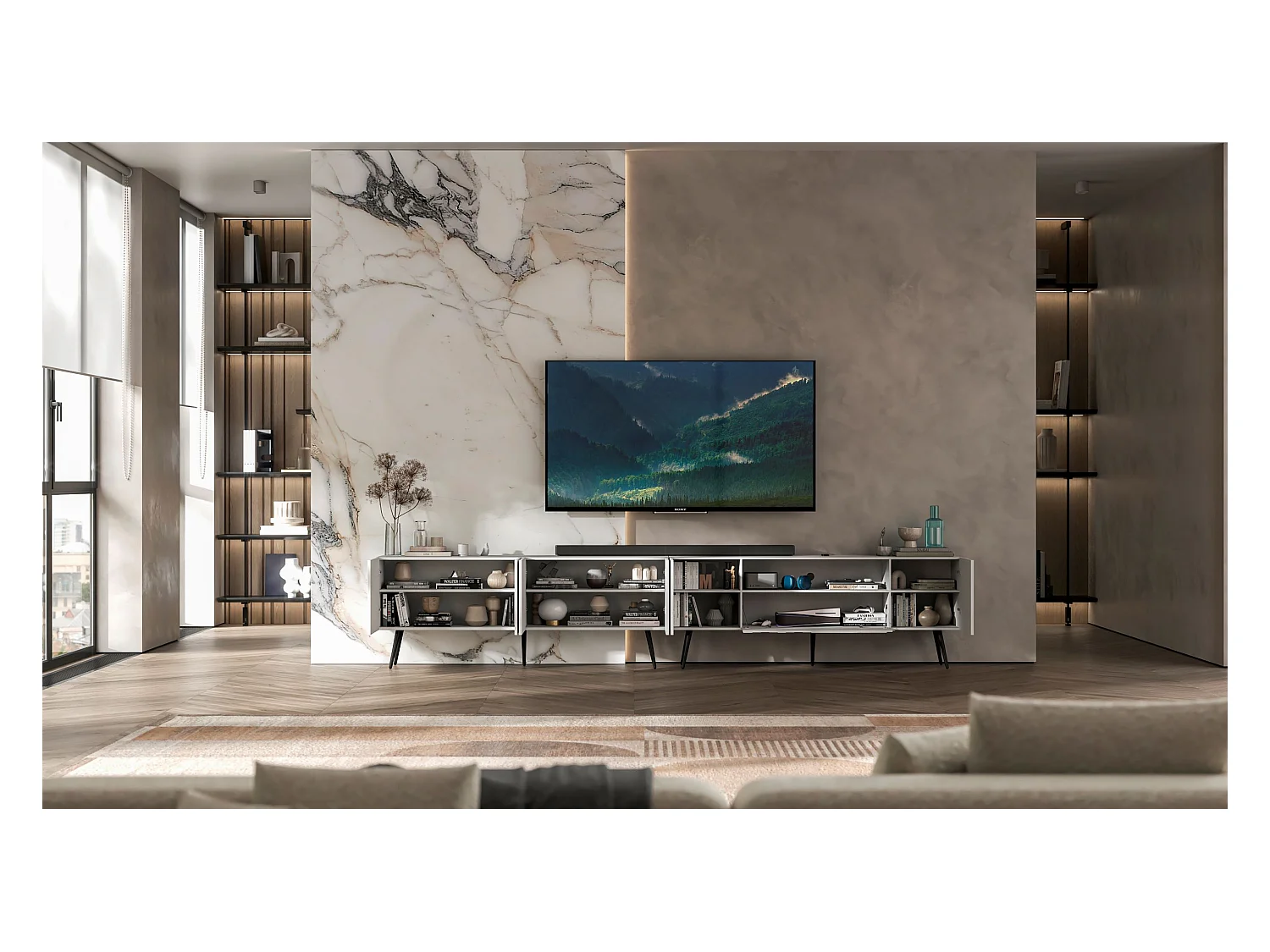 Meuble TV avec 7 portes et niche - Corps blanc mat, façades rainurées blanc mat - 300 cm, pieds noirs