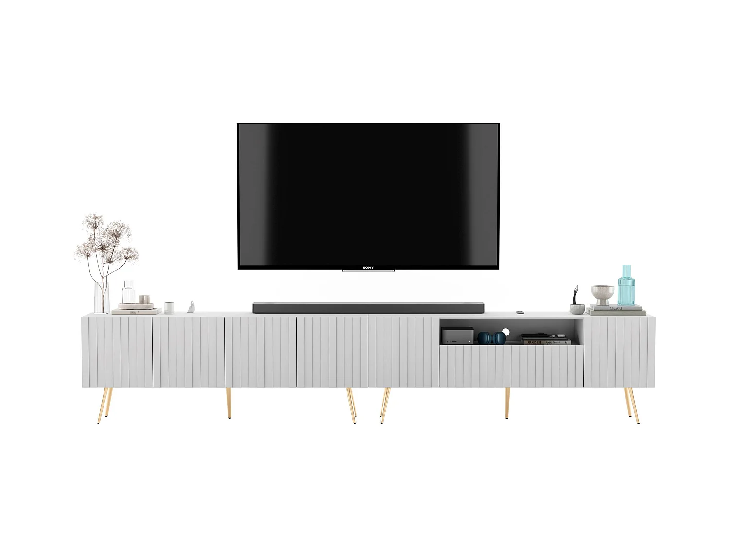 Meuble TV avec 7 portes et niche - Corps blanc mat, façades rainurées blanc mat - 300 cm, pieds noirs