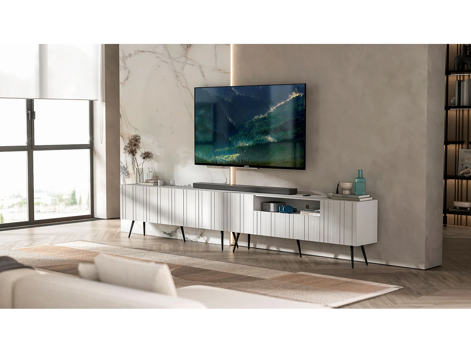 Meuble TV avec 7 portes et niche - Corps blanc mat, façades rainurées blanc mat - 300 cm, pieds noirs