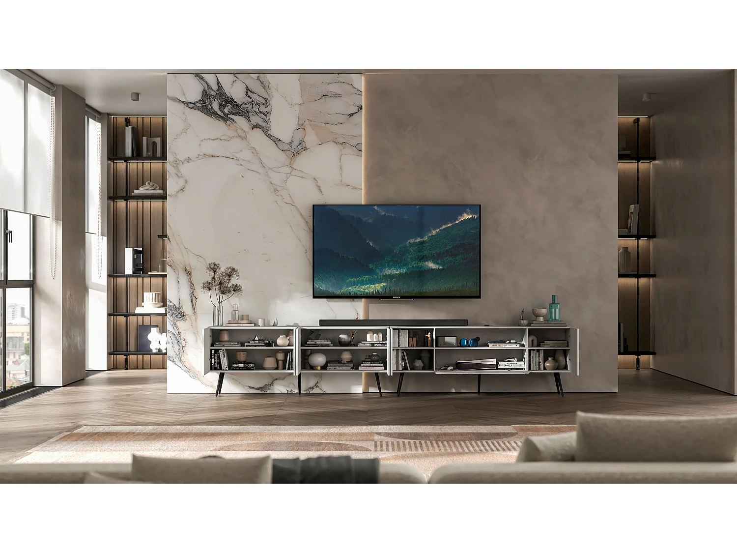 Meuble TV avec 7 portes et niche - Corps blanc mat, façades rainurées blanc mat - 300 cm, pieds noirs