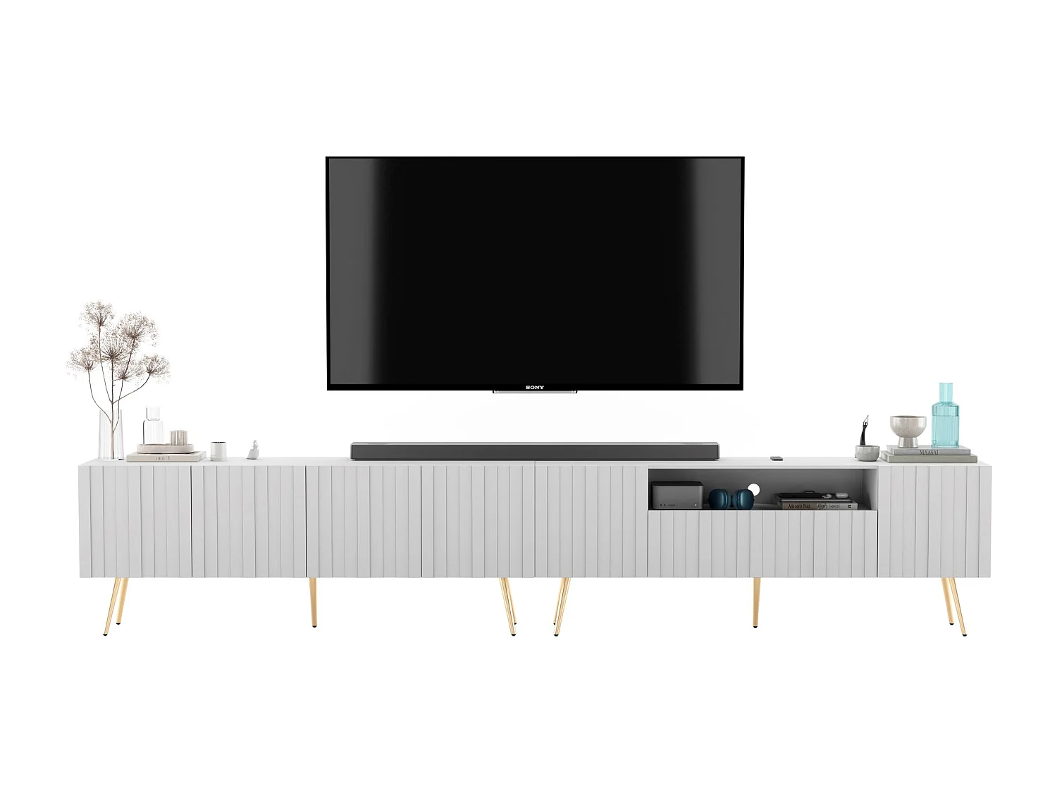 Meuble TV avec 7 portes et niche - Corps blanc mat, façades rainurées blanc mat - 300 cm, pieds noirs