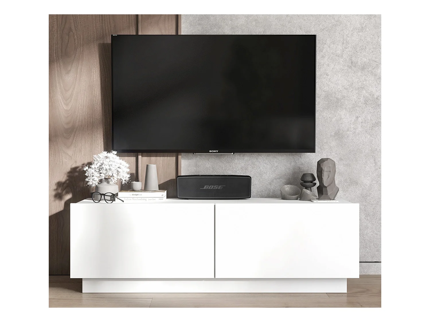 Meuble TV avec 2 portes - corps Blanc mat, façades Blanc mat - 120 cm, sur socle