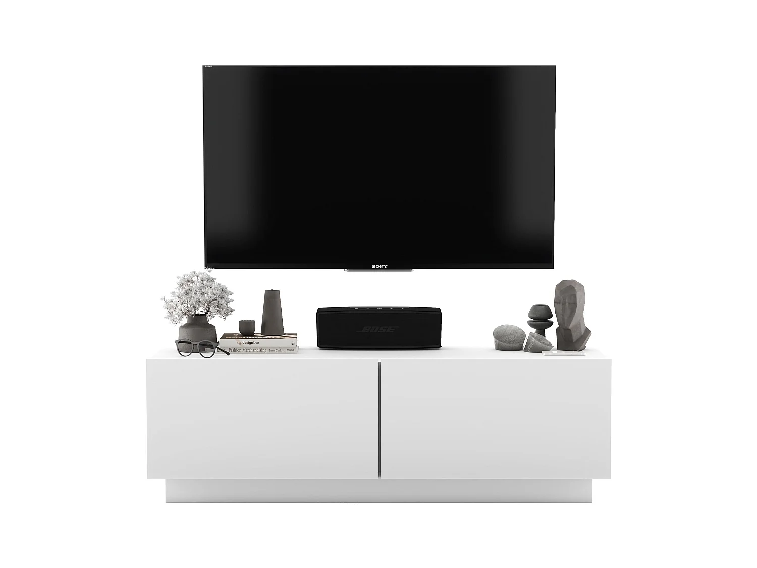 Meuble TV avec 2 portes - corps Blanc mat, façades Blanc mat - 120 cm, sur socle